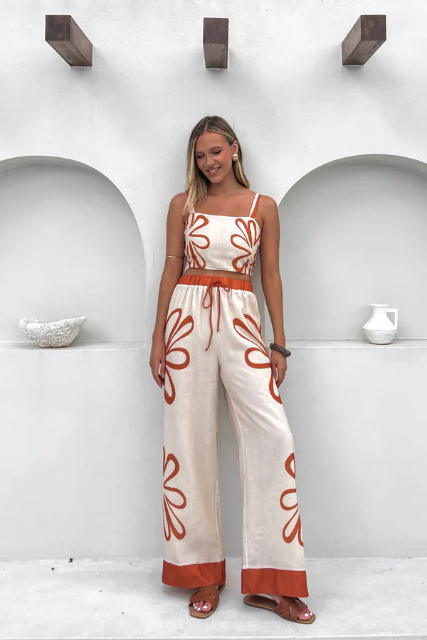 Fashion Flower Sling Top Wide Leg Pants Suit
