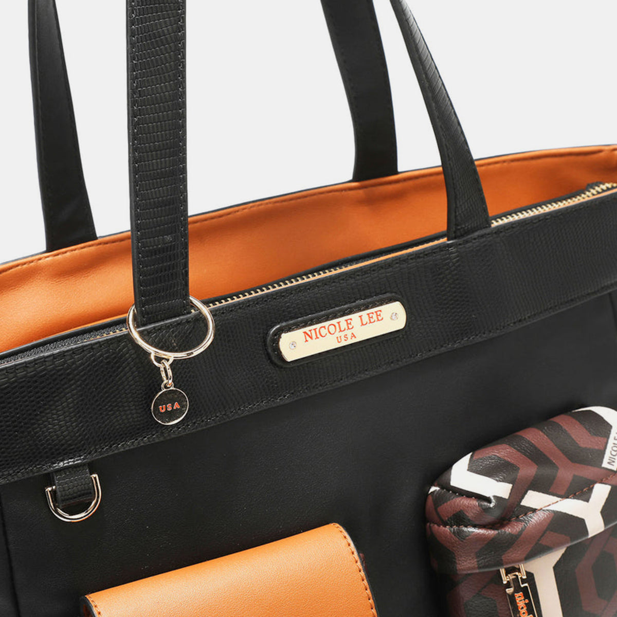 Vegan Leather Tote with Geometric Motif and Convenient Front Pouch Design
