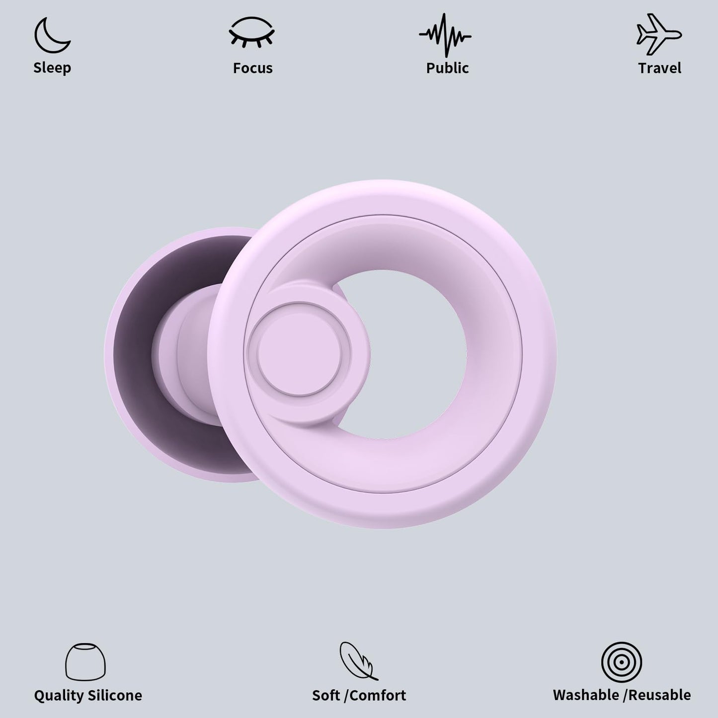 Jayine Ear Plugs for Noise Reduction, Reusable Concert Earplugs Hearing Protection, Soft Silicone Ear Plugs for Sleeping, Focus, Noise Sensitivity - Ear Tips in XS/S/M/L - Purple