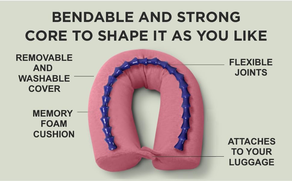 Dot&Dot Twist Memory Foam Travel Pillow for Airplanes - Travel Neck Pillow for Sleeping - Airplane Pillow for Neck Support, Chin, Lumbar and Leg - Adjustable, Bendable Neck Roll Pillow (Pink)