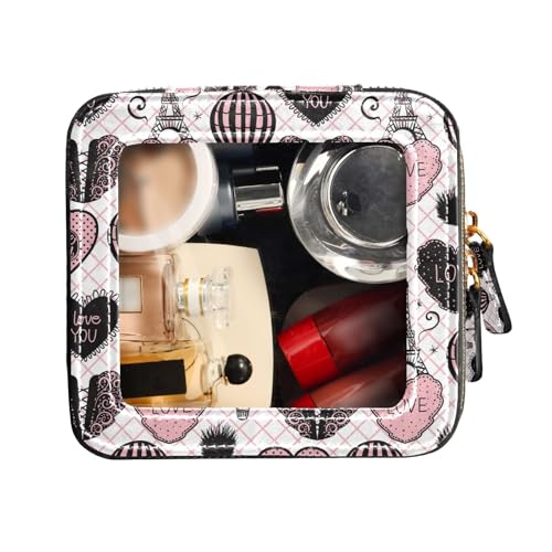 Yuiboo Clear Small Makeup Bag Hot Air Balloon Paris Eiffel Tower Peach Love Day Toiletry Bag Cosmetic Organizer Case for Traveling