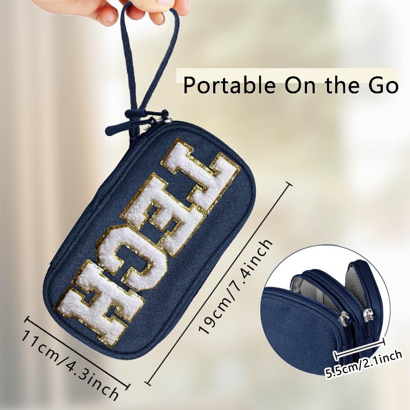 COSHAYSOO Small Electronics Organizer Bag with Chenille Letter Patch TECH for Men Women Travel Gift, Cord Charger Cable Traveling Accessory Pouch Essential Supply Storage Case (Navy Blue)…
