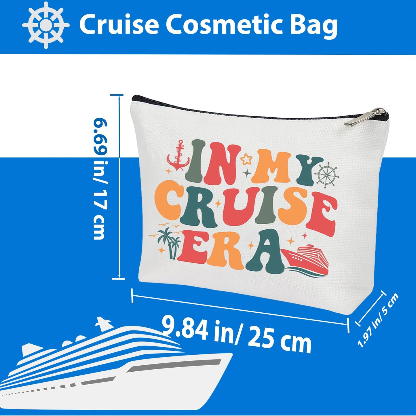 IN MY CRUISE ERA Canvas Travel Cosmetic Bag - Cruise Accessories, Vacation Travel Organizer, Zipper Pouch for Cruise Trip, Ship Cruise Gifts for Girls Women (White)