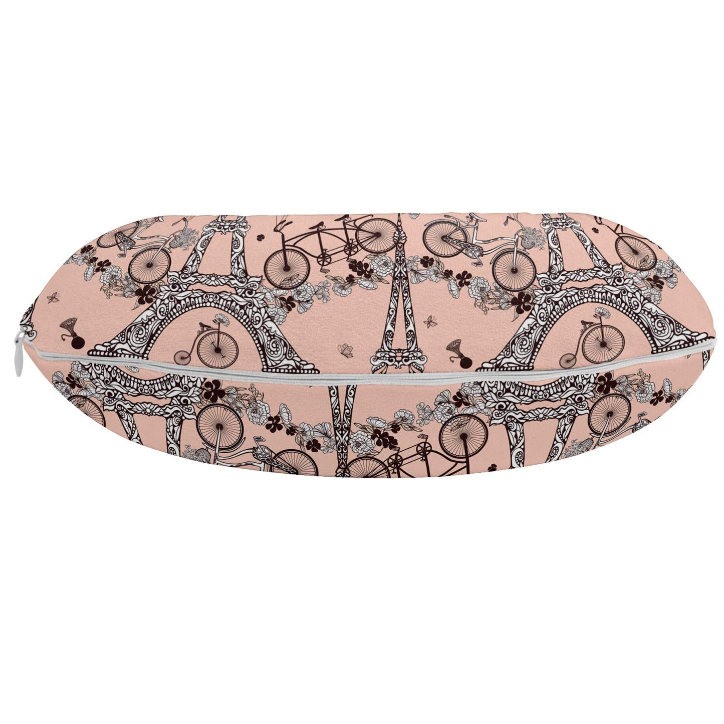 Ambesonne Eiffel Travel Pillow Neck Rest, Retro Bicycles Coffee Heart Balloons French Landmark Swirls, Memory Foam Traveling Accessory for Airplane and Car, 12", Salmon White