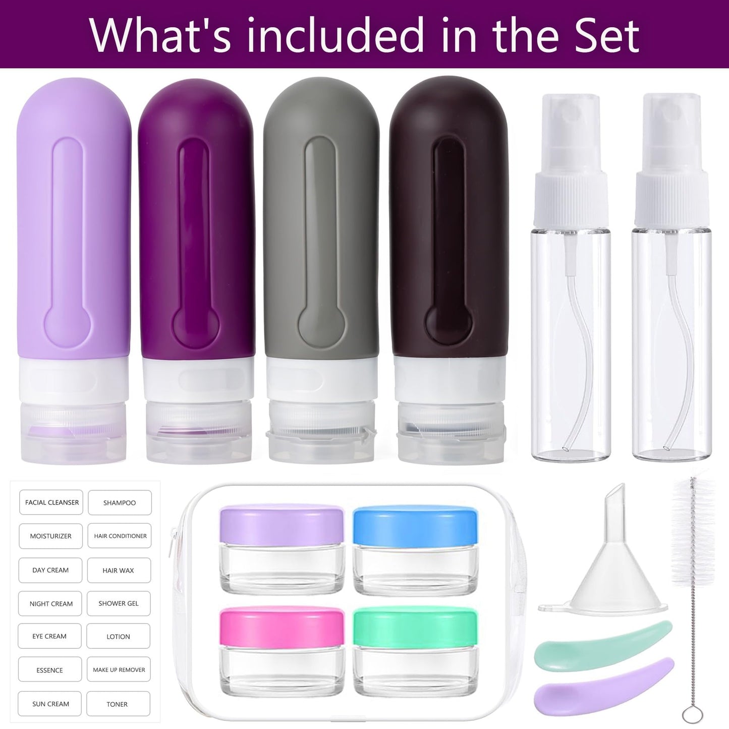 16-Piece Travel Toiletries Set with 3 oz. Bottles (Purple)