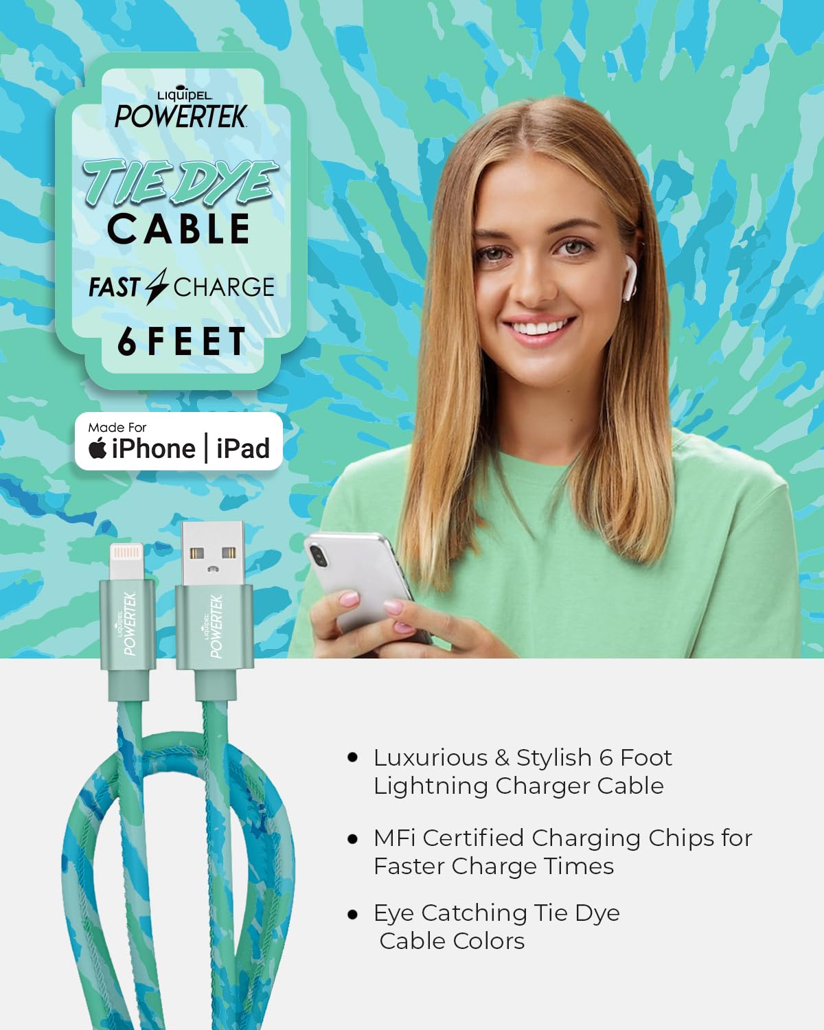 LIQUIPEL Powertek iPad & iPhone Lightning Charger Cable, Fast Charging 6ft MFI, Tie Dye Black (Green)