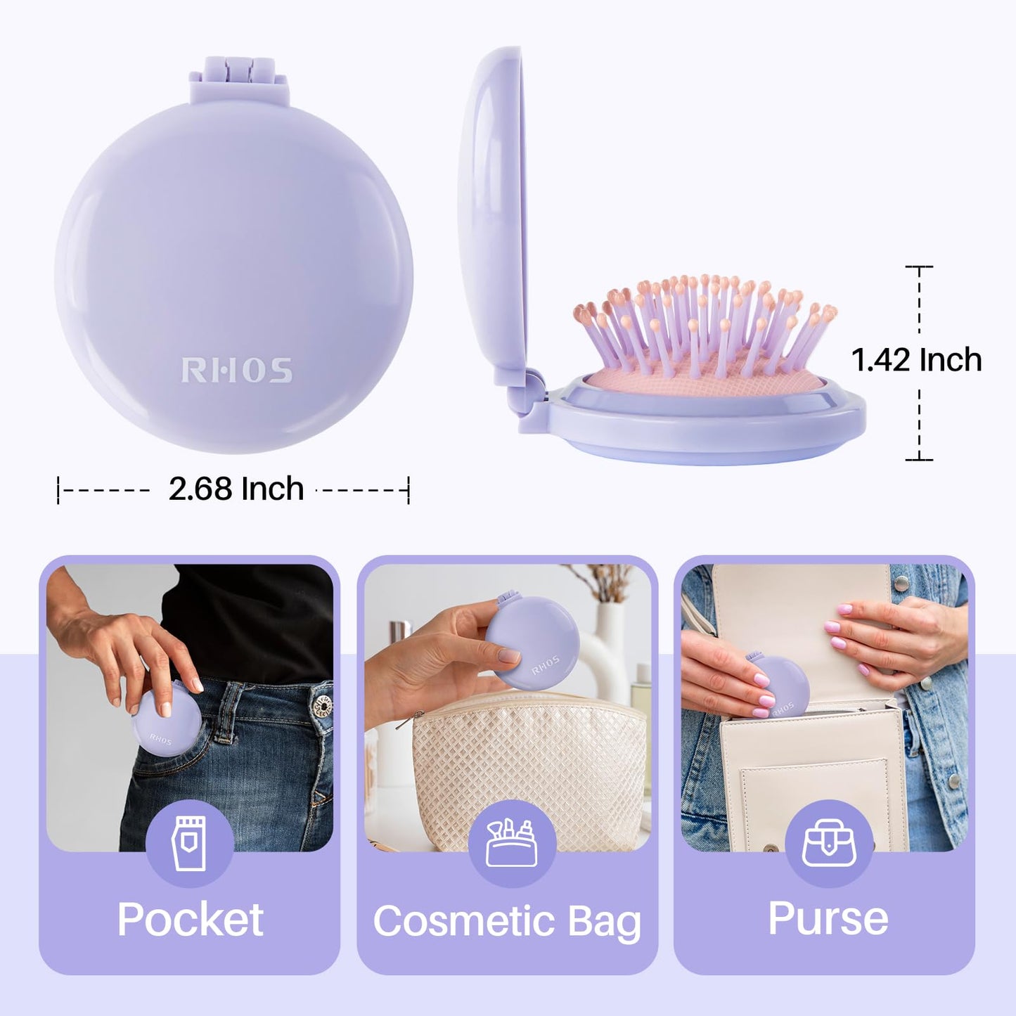 Round Folding Hairbrush with Mirror (Lavender Purple)