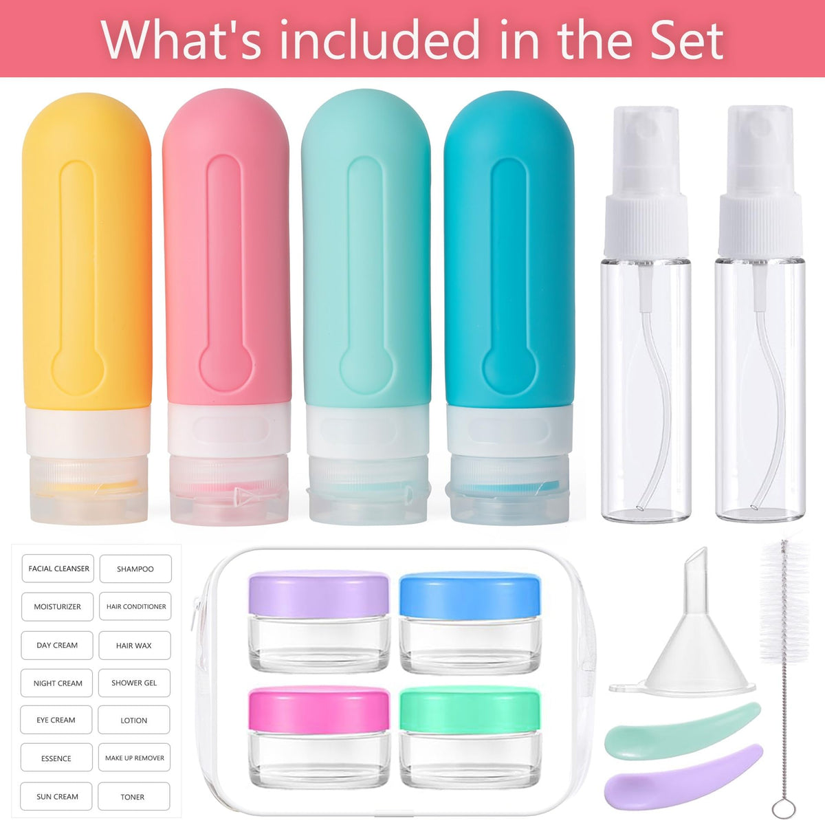 16-Piece Travel Toiletries Set with 3 oz. Bottles (Spring Colors)