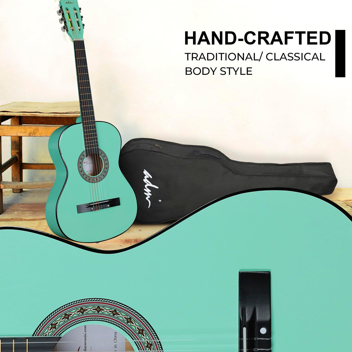 ADM Beginner Acoustic Classical Guitar 38 Inch Nylon Strings Wooden Guitar Bundle Kit for Kid Boy Girl Student Youth Guitarra Online Lessons with Gig Bag, Strap, Tuner, Strings, Cyan Green
