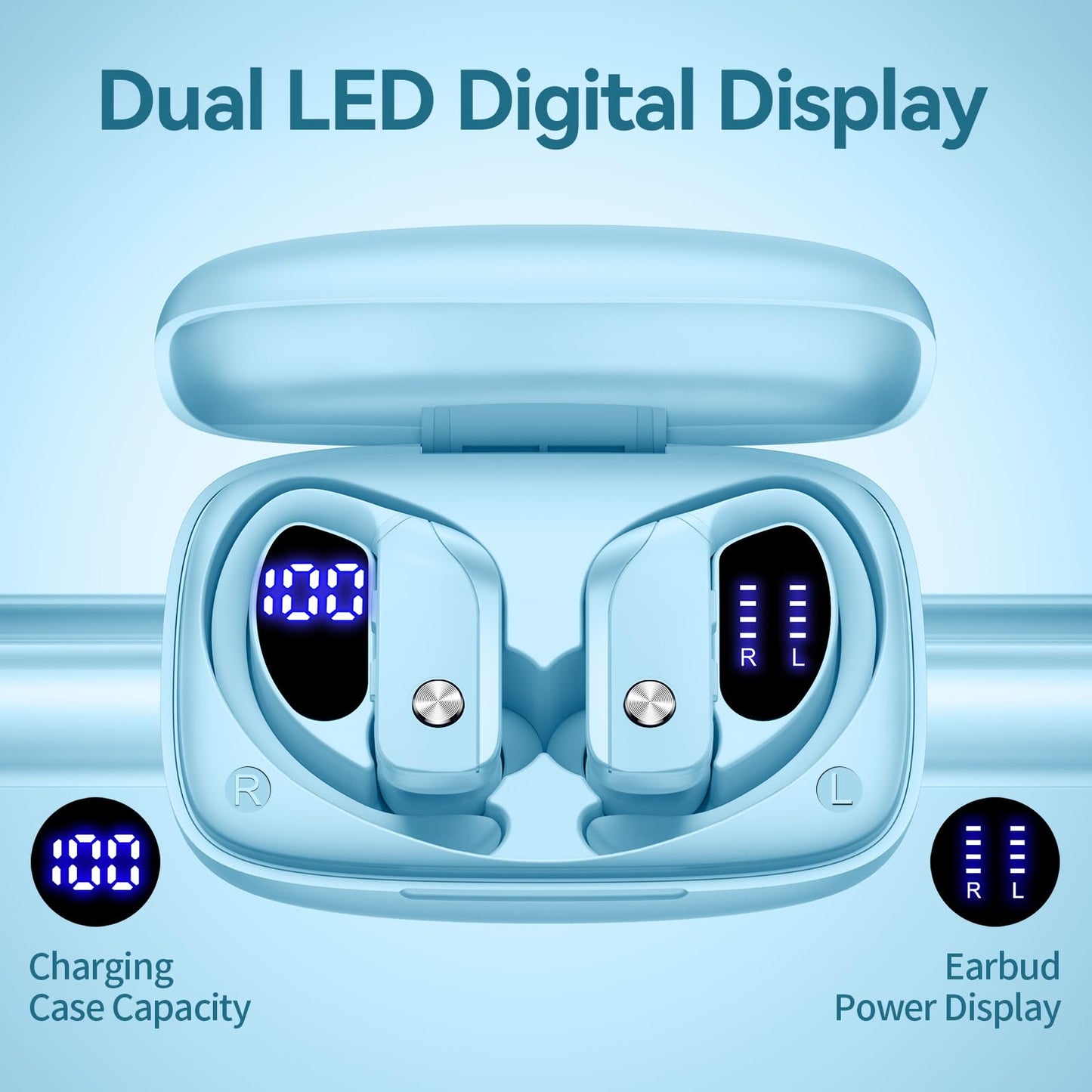 bmani Wireless Earbuds Bluetooth Headphones 48hrs Playback Sport Earphones with LED Display Over-Ear Buds with Earhooks Built-in Mic Headset for Workout (Sky Blue)