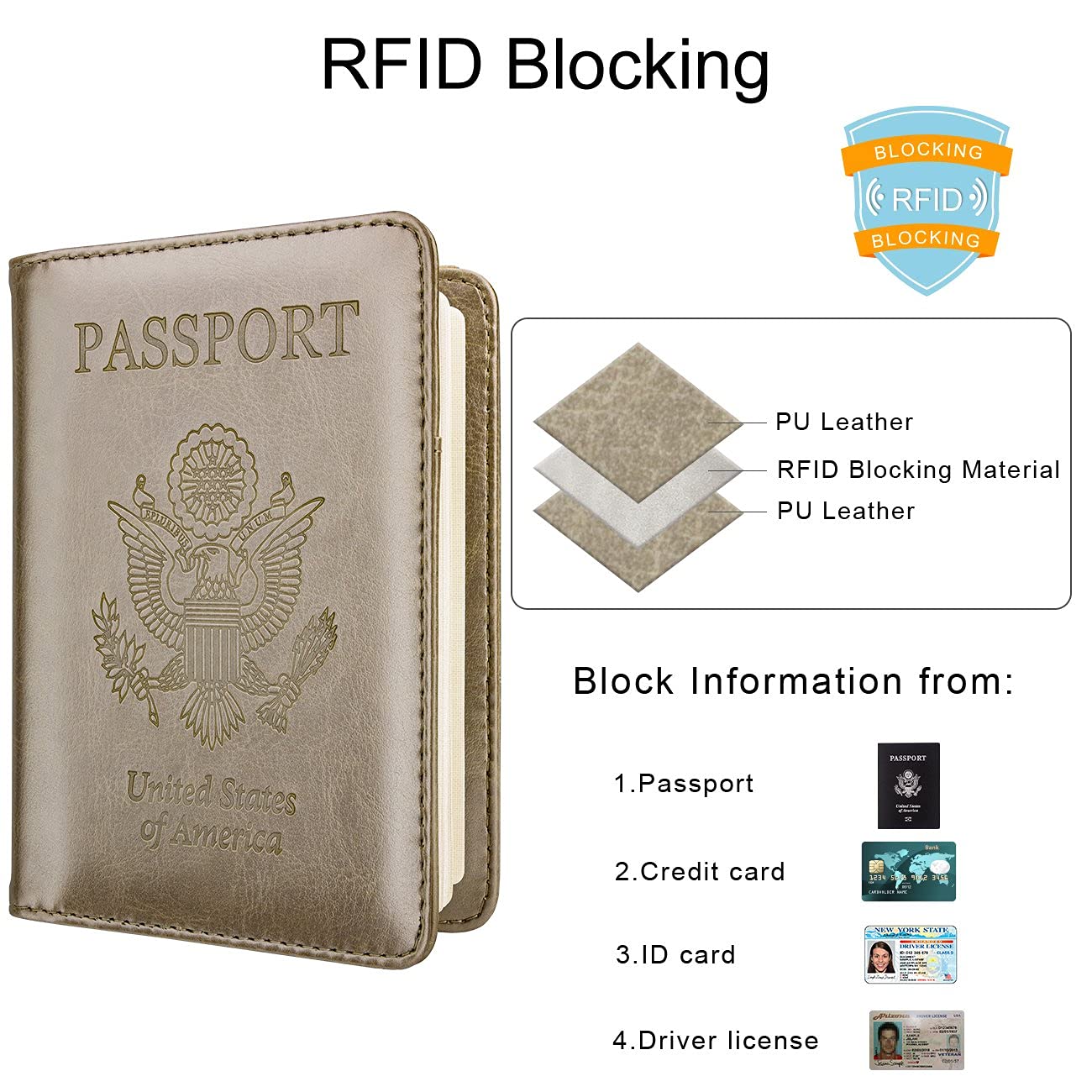Travel Passport Wallet with RFID Shielding and Pen Slot (Gold)