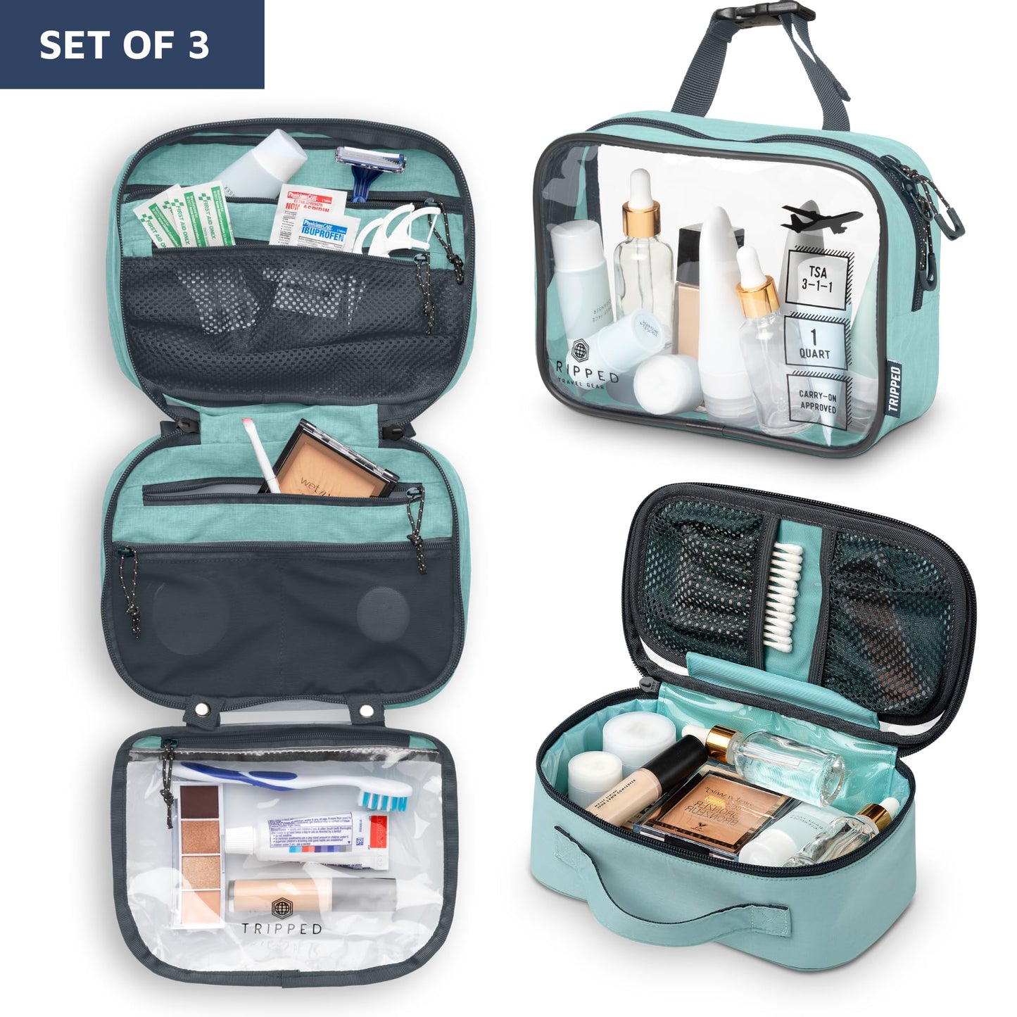 Comprehensive 3-Piece Toiletries Bag Set for Versatile Travel Needs (Dusty Teal)
