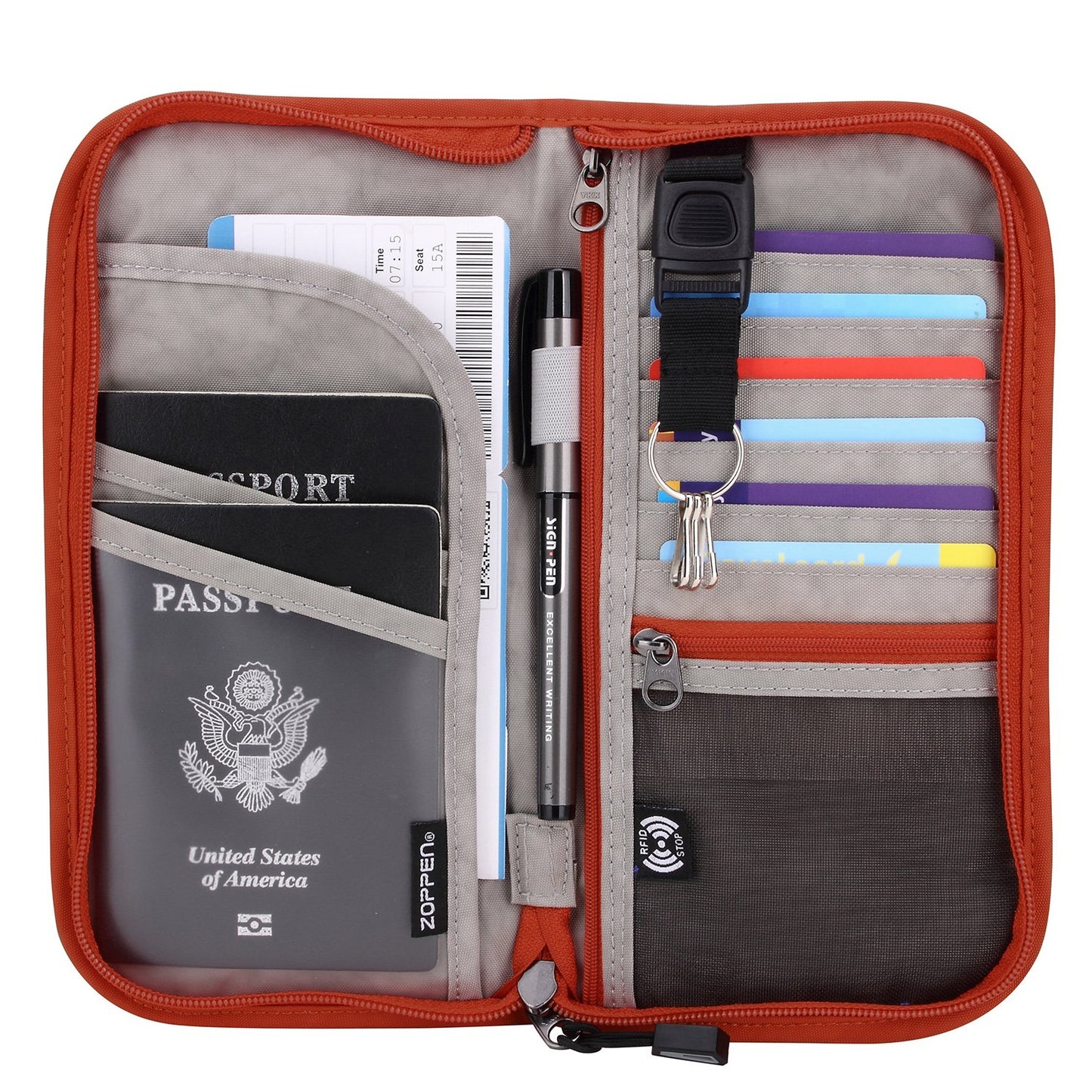 ZOPPEN Passport Holder Family Women/Men, Travel Wallet RFID Passport Wallet Travel Essentials Documents Organizer Zipper Case with Removable Wristlet Strap, Orange