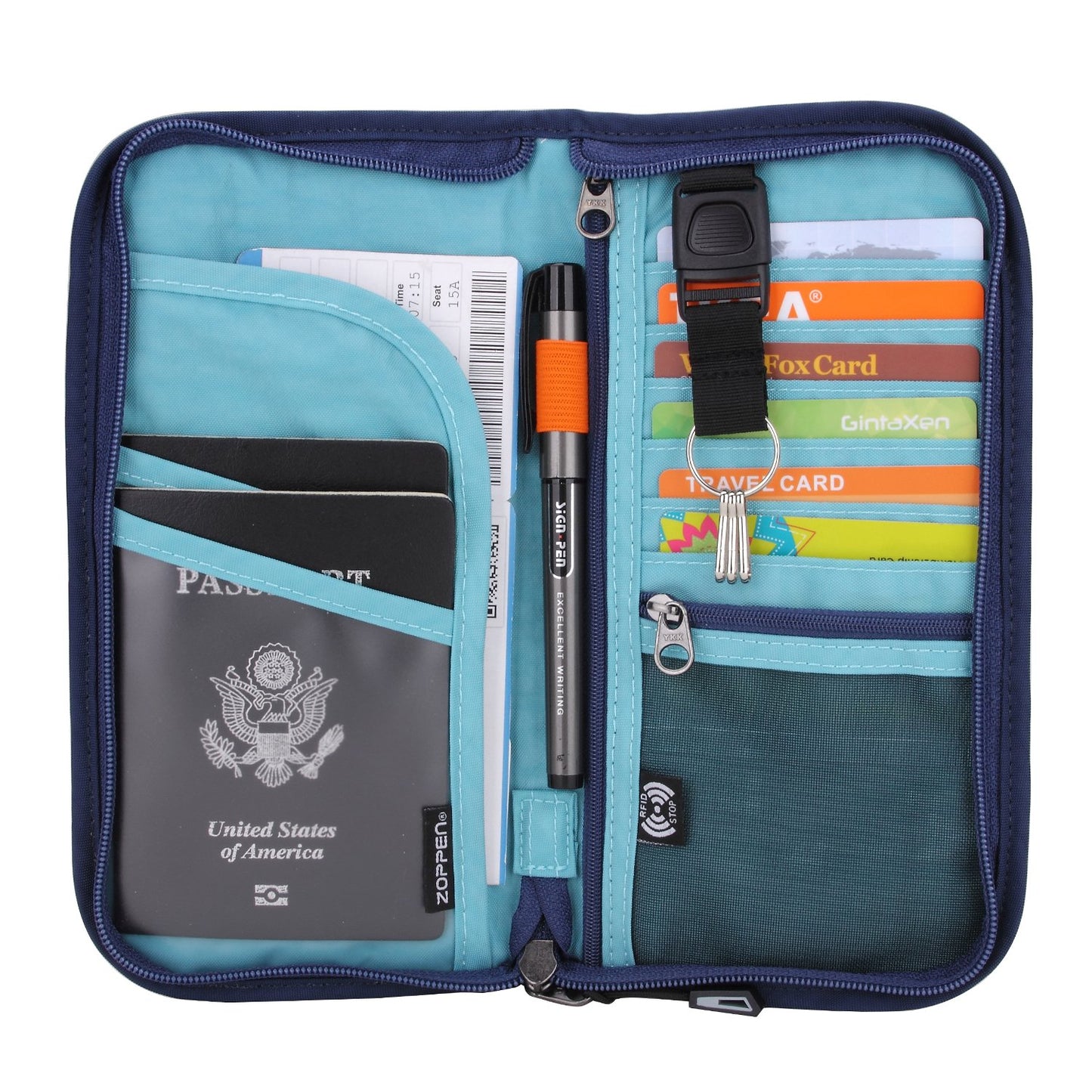 ZOPPEN Passport Holder Family Women/Men, Travel Wallet RFID Passport Wallet Travel Essentials Documents Organizer Zipper Case with Removable Wristlet Strap, Royal Blue