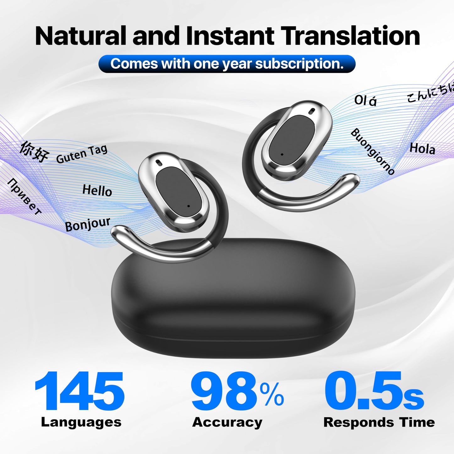 Real Time Language Translator Earbuds, AI Language Translator Earphone 3-in-1 Accents & Long Battery Life Translation Earbuds TWS 144 Languages & 8 Offline for Travel Business, Black
