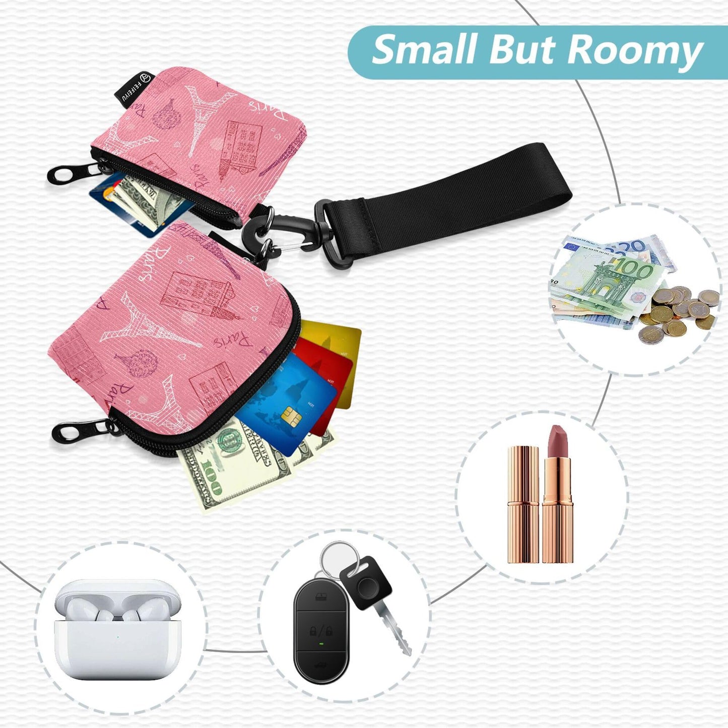Peach Romantic Paris Love Valentine's Day Eiffel Tower Streets Women's Wallets Card Cases Slim Portable Women Credit Card Case Coin Purse with Zipper Pocket for Men Women 2 Pcs