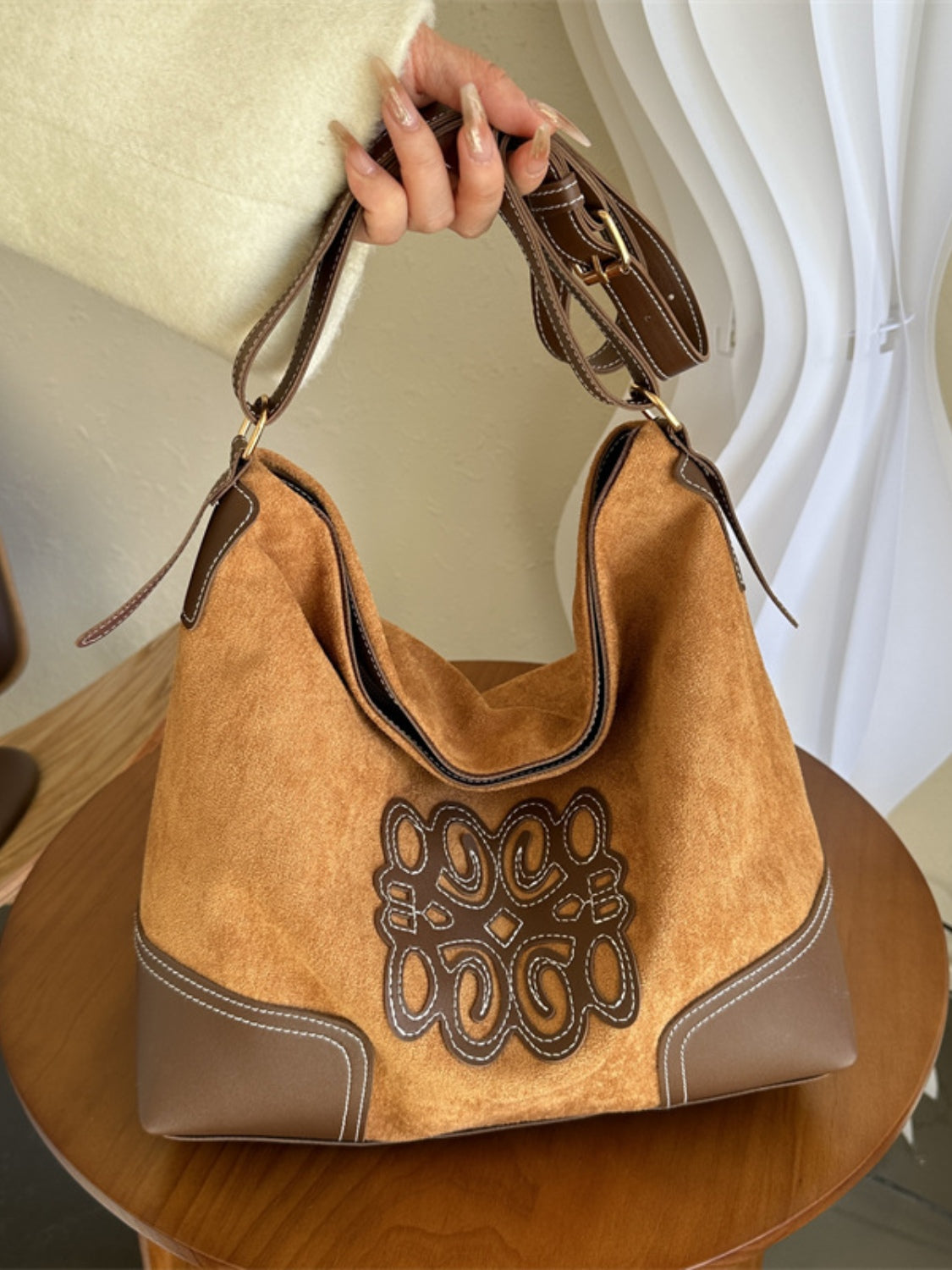 Vintage Motif Suede-Look Tote Bag