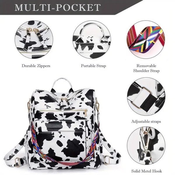 Cow Print Travel Backpack with Multiple Pockets and Colorful Adjustable Strap