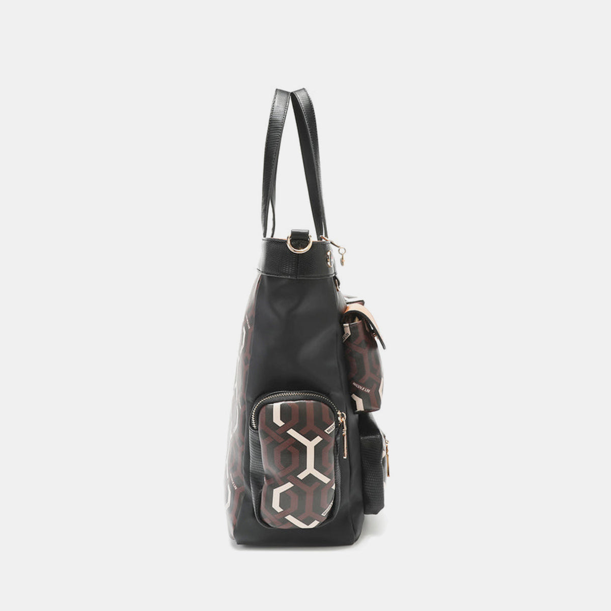 Vegan Leather Tote with Geometric Motif and Convenient Front Pouch Design