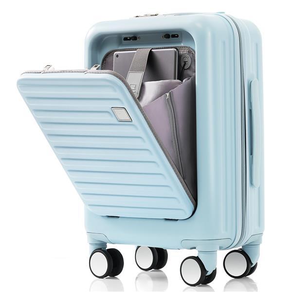 Front-Opening Carry-On Luggage and Travel Bag Set with USB Port (Blue)