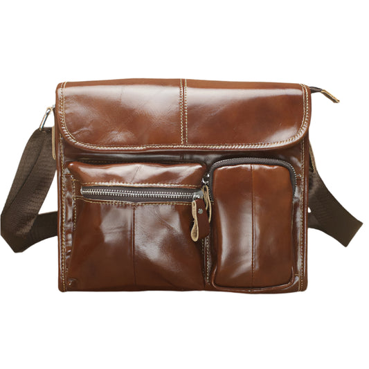 Rugged Vintage-Look Genuine Leather Bag with Front Pouch Design