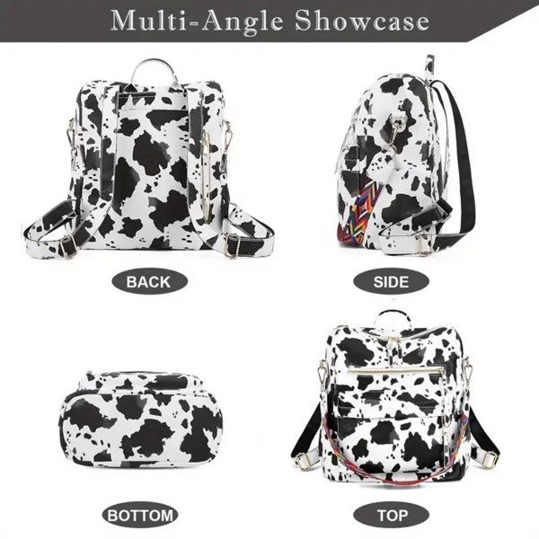 Cow Print Travel Backpack with Multiple Pockets and Colorful Adjustable Strap