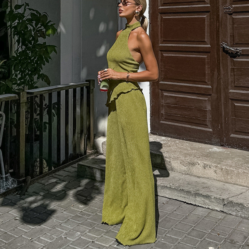 Elegant Travel-Ready Two-Piece Halter and Pants Set (Green)