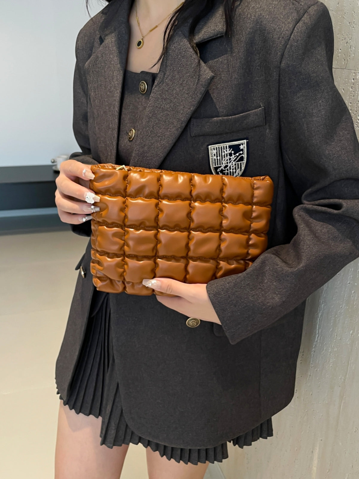 Quilted Plaid Clutch with Zipper