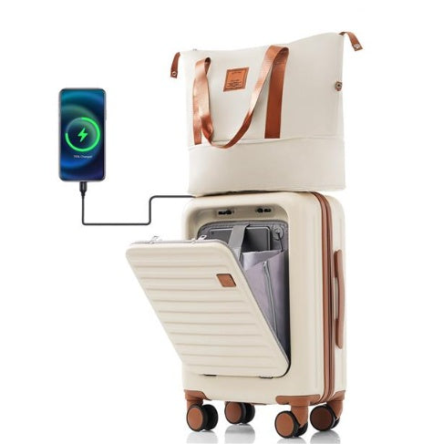 Front-Opening Carry-On Luggage and Travel Bag Set with USB Port (Beige)