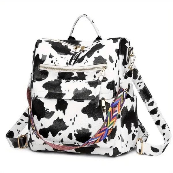 Cow Print Travel Backpack with Multiple Pockets and Colorful Adjustable Strap