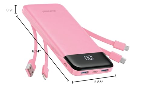 Portable Charger with Built in Cables, Portable Charger with Cords Wires Slim 10000mAh Travel Essentials Battery Pack 6 Outputs 3A High Speed Power Bank for iPhone Samsung Pixel LG Moto iPad