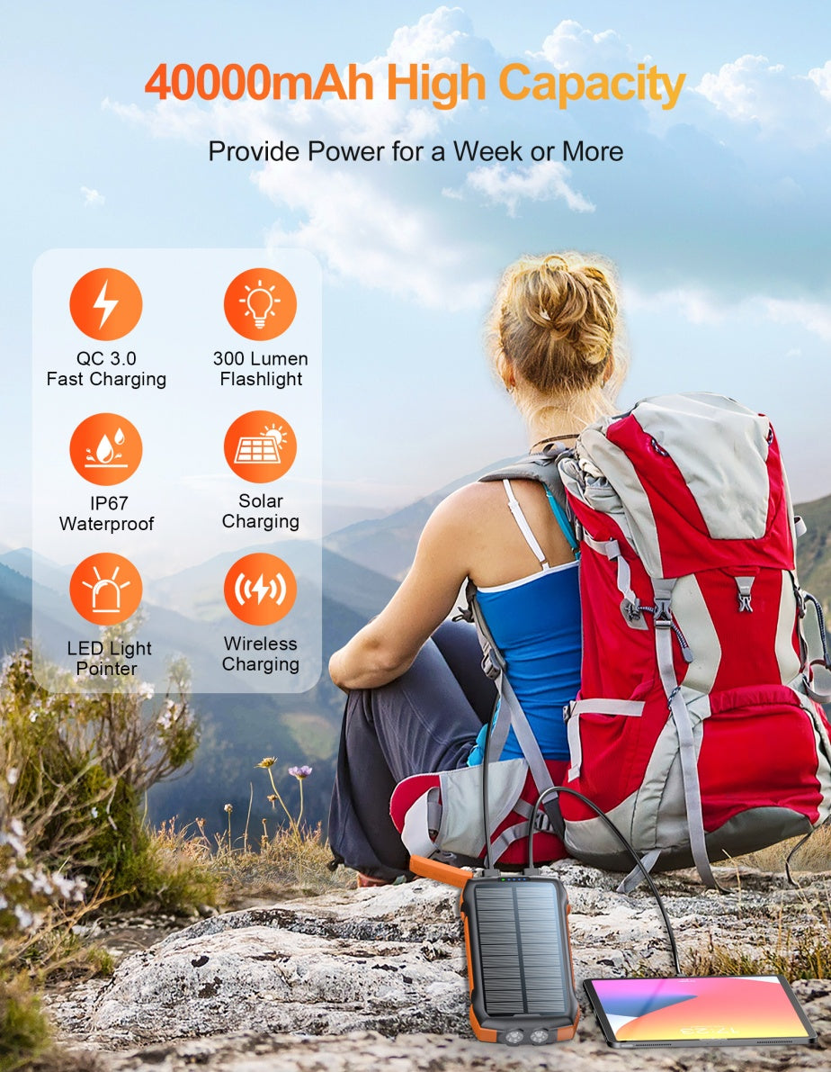 New Product Large Capacity 20000mAh 3 USB C Flashlight Ip67 Waterproof High-speed Wireless Charger Solar Power Bank