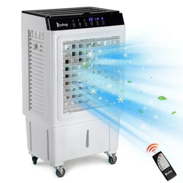 “Menofan Series” 3-in-1 Portable Evaporative Cooler with 7-Gallon Water Tank Capacity, Indoor/Outdoor, 2353CFM Personal Air Cooler With Remote Control, 7.93 Gal Large Water Tank & Scroll Casters, 4 Ice Packs, White