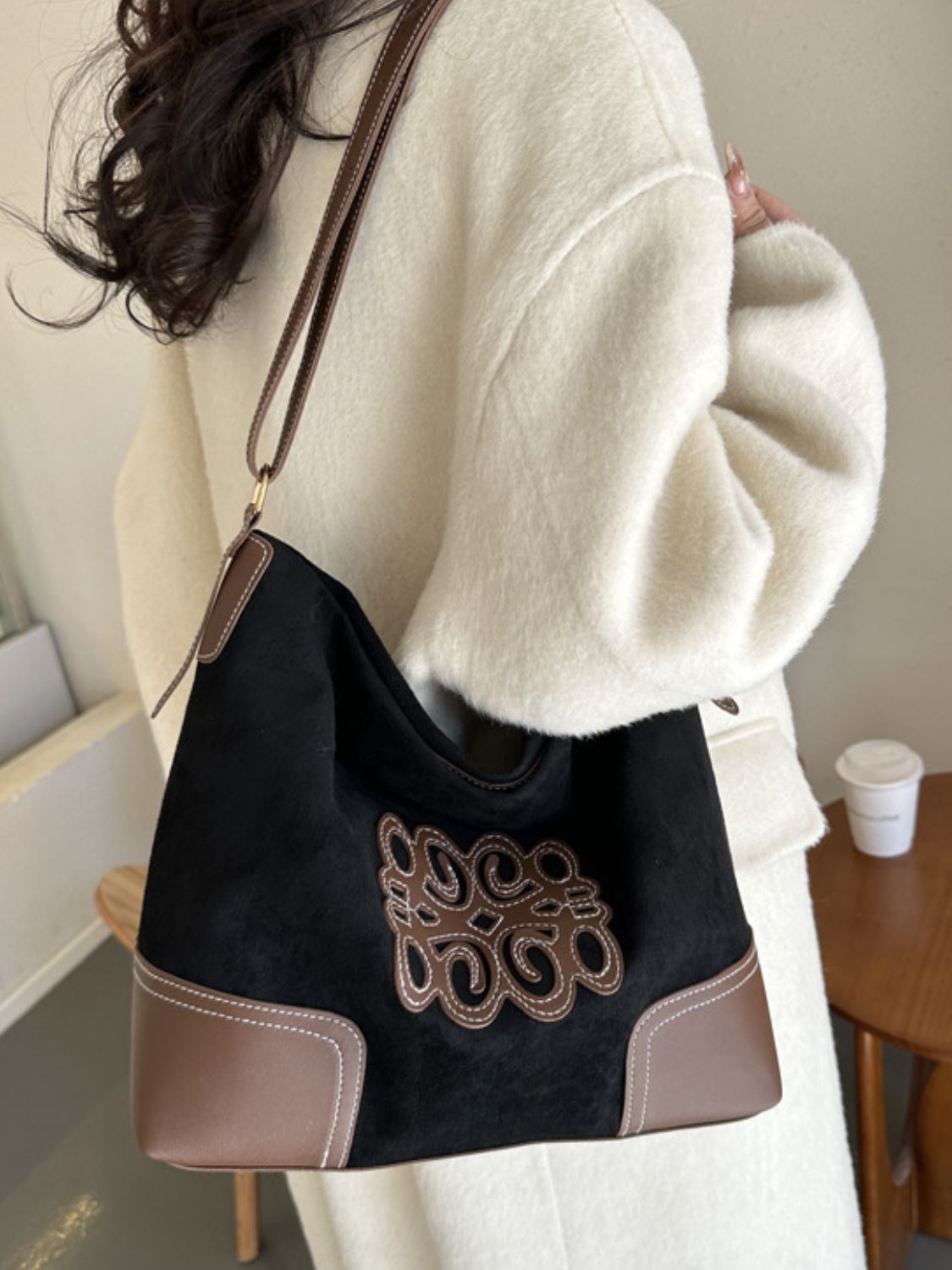 Vintage Motif Suede-Look Tote Bag