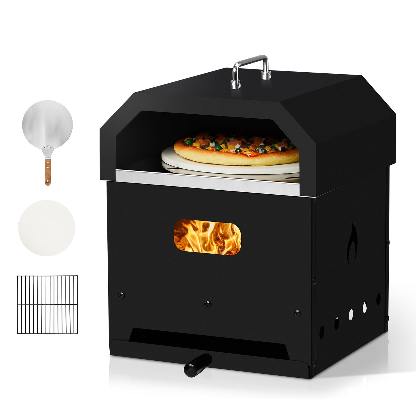 Black, Square Pizza Oven With Handle, Iron Charcoal Oven