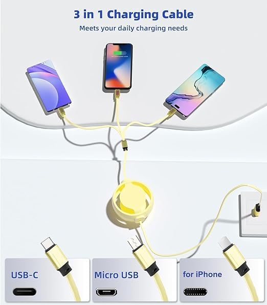 GLOGO 3 in 1 Retractable Charging Cable [3A,3FT] Multi USB Cable Fast Charger Cord for Phone, Samsung, iPad, Tablets, Switch and More (Yellow)