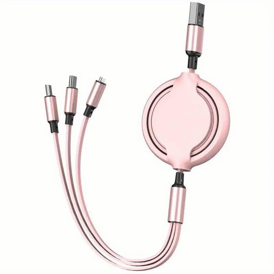 GLOGO 3 in 1 Retractable Charging Cable [3A,3FT] Multi USB Cable Fast Charger Cord for Phone, Samsung, iPad, Tablets, Switch and More (Pink)