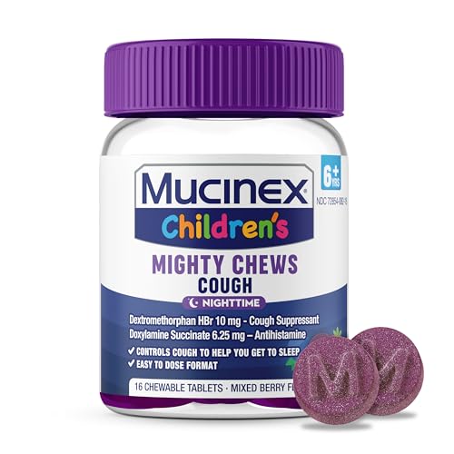 Mucinex Children's Mighty Chews Nighttime Kids Cough Medicine, Easy to Dose Cough Suppressant with Dextromethorphan, Kids Travel Medicine for Cough, Mixed Berry Flavor, 16 Medicated Chewable Tablets