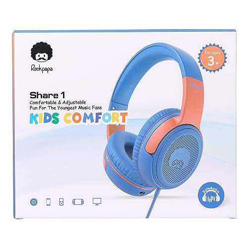 rockpapa Share 1 Kids Headphones Wired with Microphone & Share Port, 85dB/94dB Volume Limited, Cute Foldable Student Child Boys Girls Headphones for School/Classroom/Travel Blue/Orange