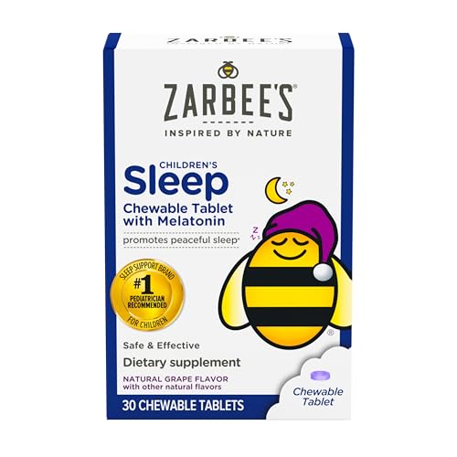 Zarbee's Kids 1mg Melatonin Chewable Tablet, Drug-Free & Effective Sleep Supplement, Easy to Take Natural Grape Flavor Tablets for Children Ages 3 and Up, 30 Count