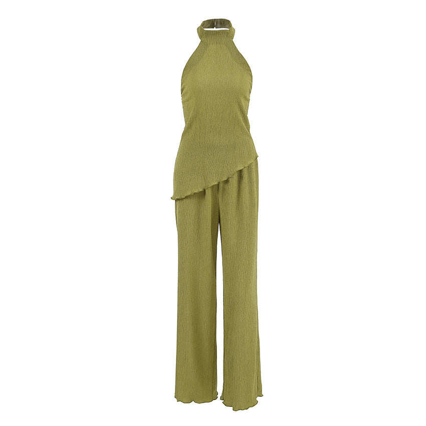 Elegant Travel-Ready Two-Piece Halter and Pants Set (Green)