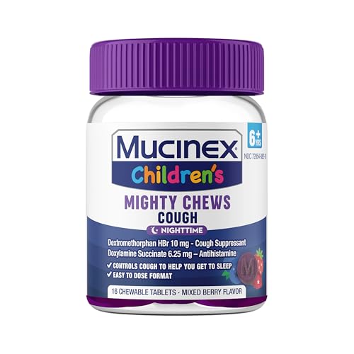 Mucinex Children's Mighty Chews Nighttime Kids Cough Medicine, Easy to Dose Cough Suppressant with Dextromethorphan, Kids Travel Medicine for Cough, Mixed Berry Flavor, 16 Medicated Chewable Tablets