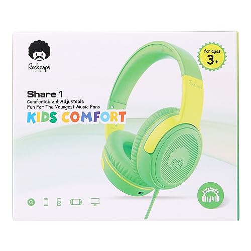 rockpapa Share 1 Kids Headphones Wired with Microphone & Share Port, 85dB/94dB Volume Limited, Cute Foldable Student Child Boys Girls Headphones for School/Classroom/Travel Green/Yellow