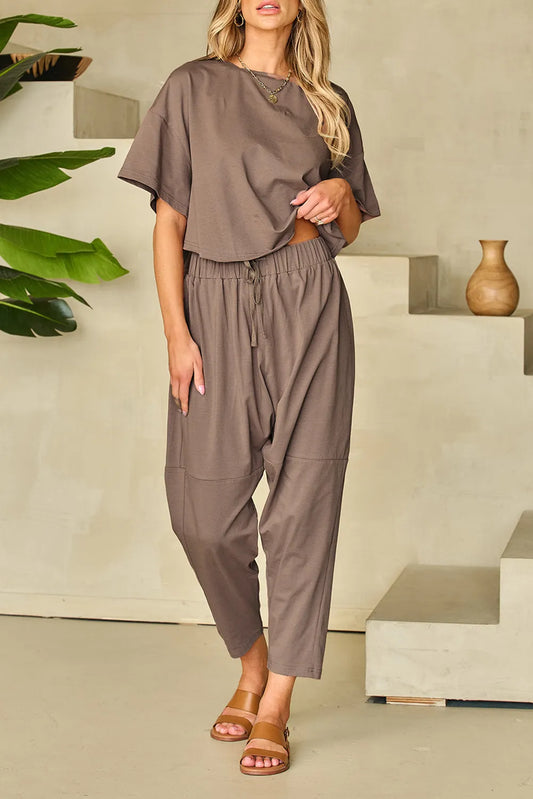 Round Neck Dropped Shoulder Top and Pants Set