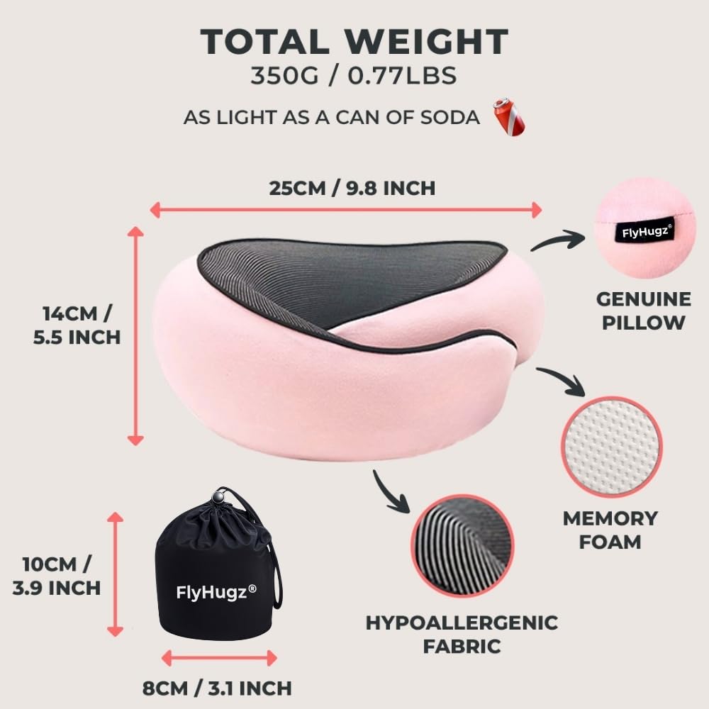 FlyHugz® Neck Travel Pillow | Memory Foam Neck Pillow for Comfort on Airplane | Compact and Ergonomic Design for Travel, Car Rides, and Home Use | Ideal for Adults and Kids (Pink)