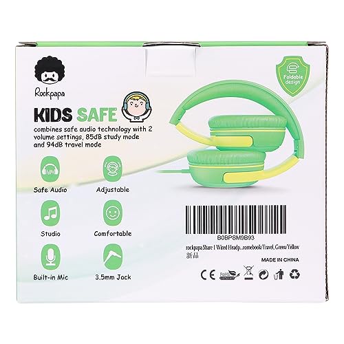 rockpapa Share 1 Kids Headphones Wired with Microphone & Share Port, 85dB/94dB Volume Limited, Cute Foldable Student Child Boys Girls Headphones for School/Classroom/Travel Green/Yellow