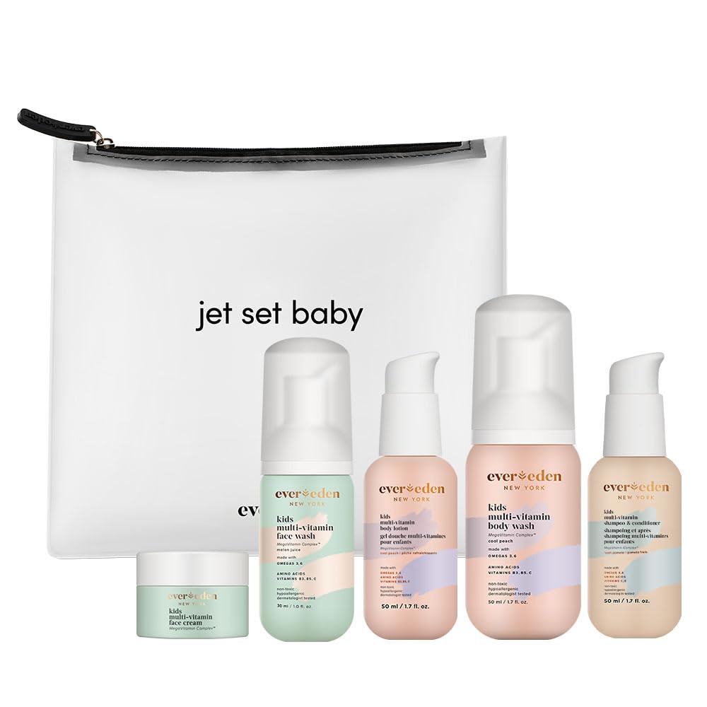 Evereden Kids Travel Set: Clean & Vegan 5-Piece Skin Care Set for Kids | Multi-Vitamin Kids Skin Care Set w/t Body Wash, Lotion, Face Wash, Cream, Shampoo & Conditioner | TSA approved