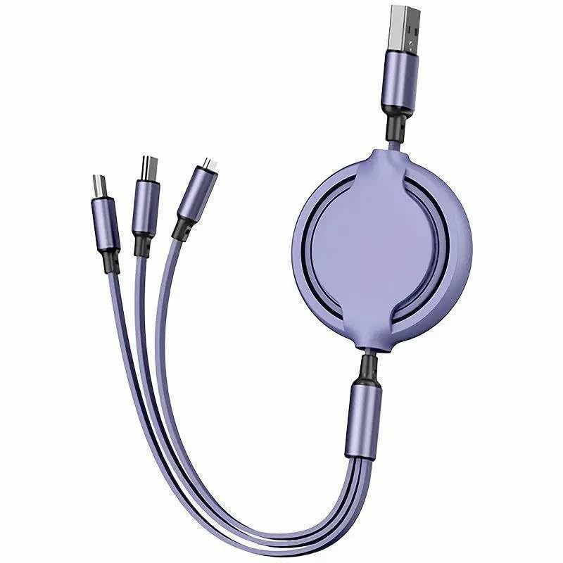 GLOGO 3 in 1 Retractable Charging Cable [3A,3FT] Multi USB Cable Fast Charger Cord for Phone, Samsung, iPad, Tablets, Switch and More (Purple)