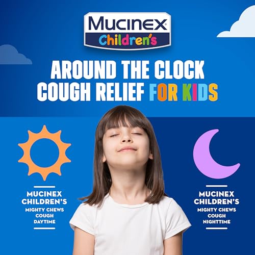 Mucinex Children's Mighty Chews Nighttime Kids Cough Medicine, Easy to Dose Cough Suppressant with Dextromethorphan, Kids Travel Medicine for Cough, Mixed Berry Flavor, 16 Medicated Chewable Tablets