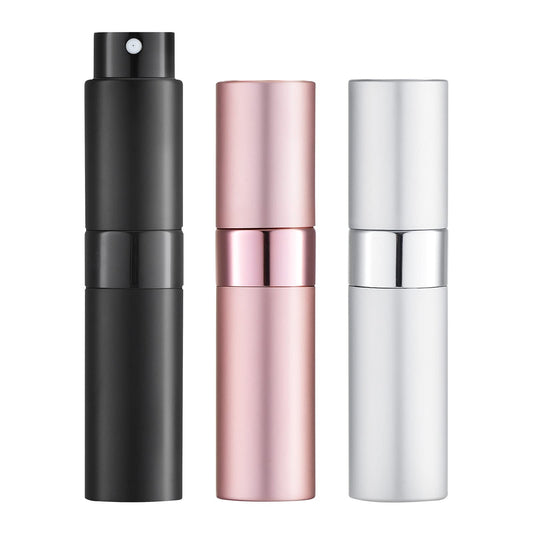 LISAPACK 8ML Atomizer Perfume Spray Bottle for Travel (3 PCS) Empty Cologne Dispenser, Portable Sprayer for Men and Women (Black, Silver, Pink)